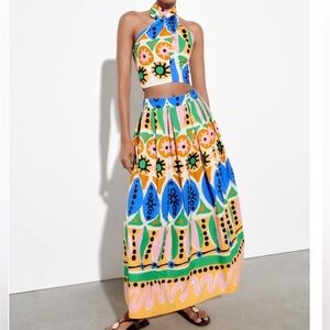 ZARA Green Check Ruffle Top and Skirt